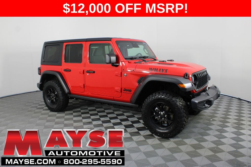 2026 Jeep Wrangler Willys in Firecracker Red Clear-Coat Exterior Paint — front three-quarter view