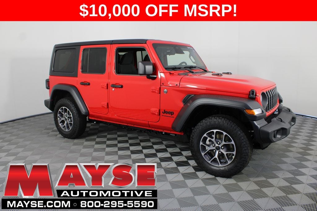 2026 Jeep Wrangler Sport S in Firecracker Red Clear-Coat Exterior Paint — front three-quarter view