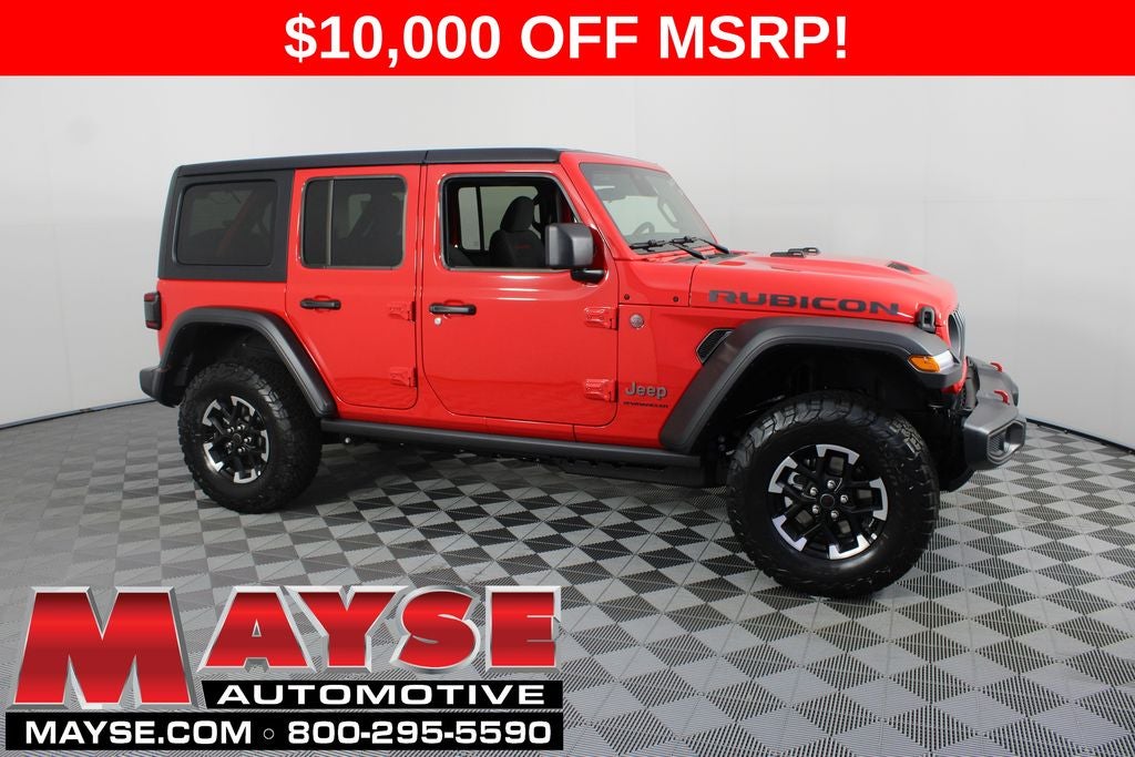 2026 Jeep Wrangler Rubicon in Firecracker Red Clear-Coat Exterior Paint — front three-quarter view