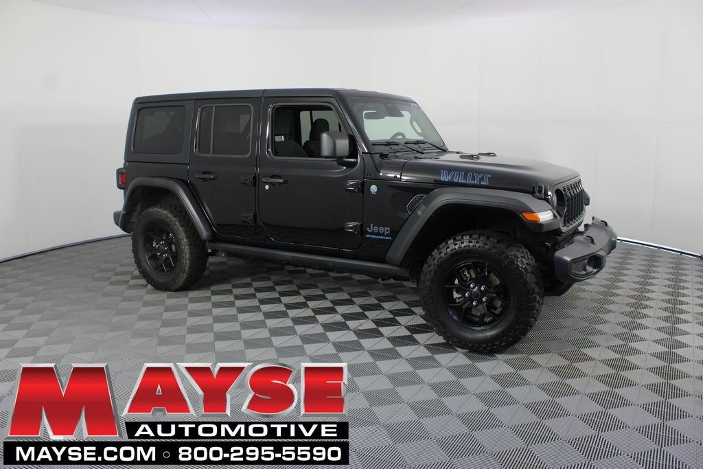 2025 Jeep Wrangler Willys 4xe in Black Clearcoat — front three-quarter view