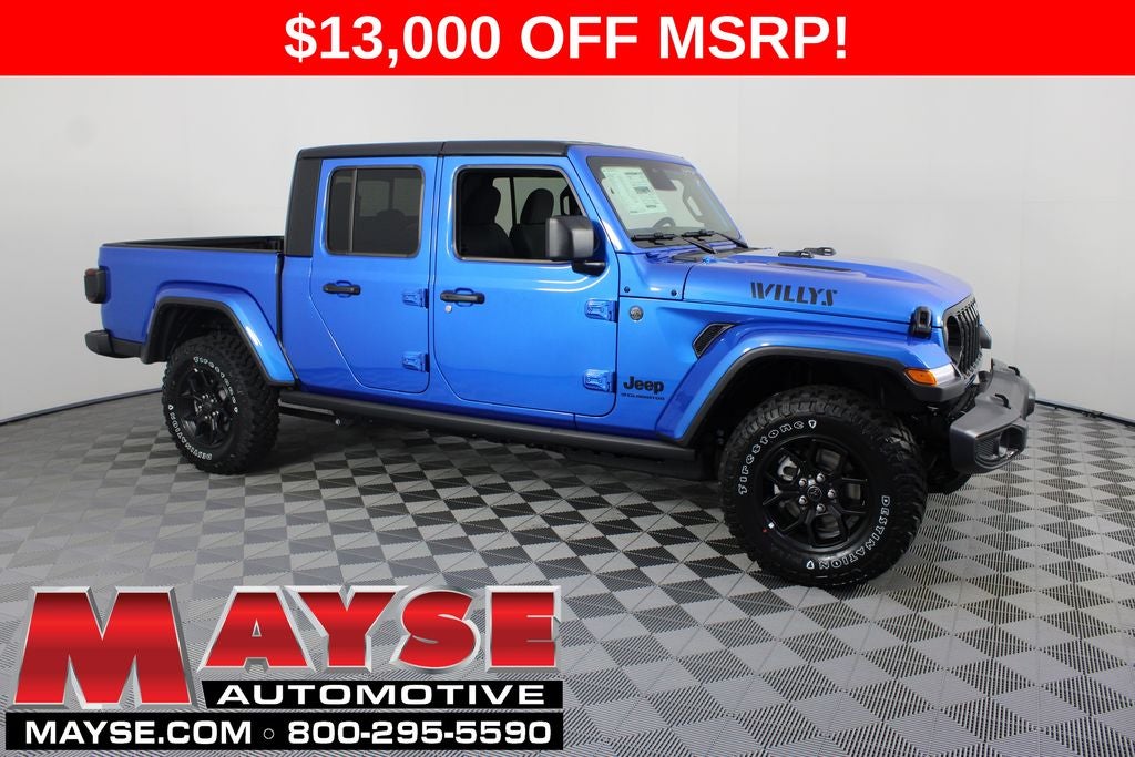 2026 Jeep Gladiator Willys in Hydro Blue Pearl-Coat Exterior Paint — front three-quarter view